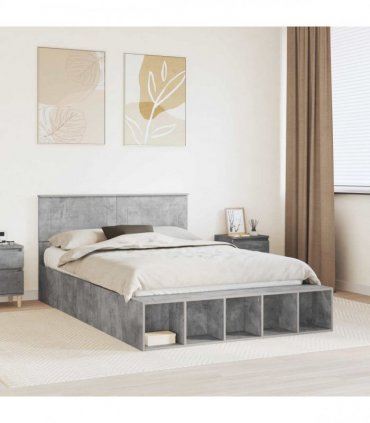 vidaXL Bed Frame with Shelf Concrete Grey 160 x 200 cm Engineered Wood