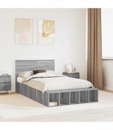 vidaXL Bed Frame with Shelf Grey Sonoma 135 x 190 cm Engineered Wood