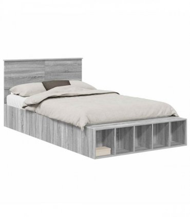 vidaXL Bed Frame with Shelf Grey Sonoma 135 x 190 cm Engineered Wood