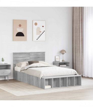 vidaXL Bed Frame with Shelf Grey Sonoma 135 x 190 cm Engineered Wood