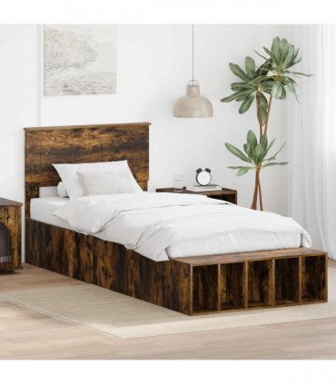 vidaXL Bed Frame with Shelf Smoked Oak 100 x 200 cm Engineered Wood