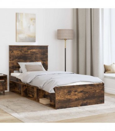 vidaXL Bed Frame with Headboard Smoked Oak 90 x 190 cm Solid Pine Wood