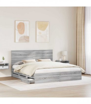 vidaXL Bed Frame with Drawer Grey Sonoma 200 x 200 cm Engineer Wood