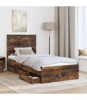 vidaXL Bed Frame with Drawer Smoked Oak 100 x 200 cm Engineer Wood