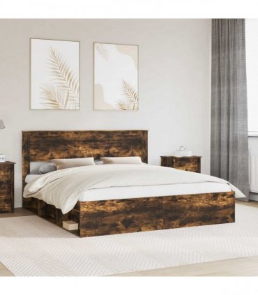 vidaXL Bed Frame with Storage Smoked Oak 200 x 200 cm Solid Pine Wood