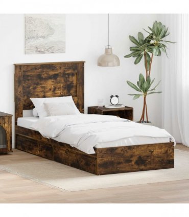 vidaXL Storage Bed with Drawer Smoked Oak 100 x 200 cm Engineered Wood