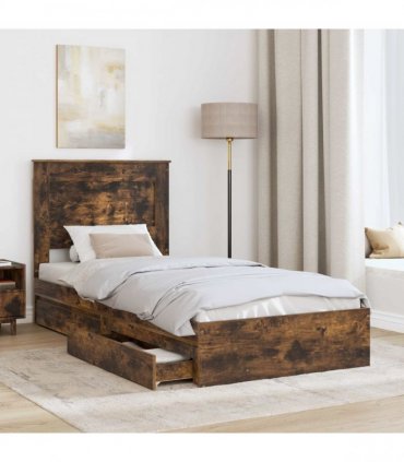 vidaXL Storage Bed with Drawer Smoked Oak 100 x 200 cm Engineered Wood