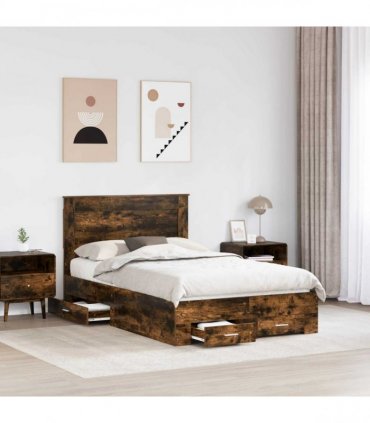 vidaXL Bed Frame with Drawer Smoked Oak 135 x 190 cm Engineered Wood