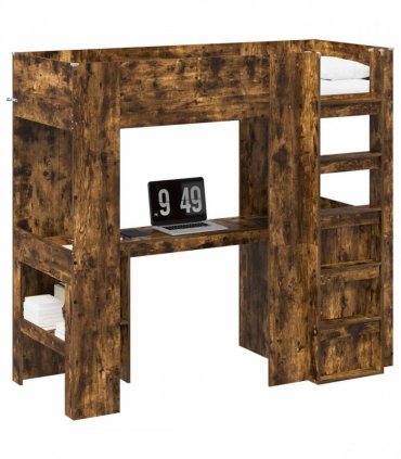 vidaXL Loft Bed Frame with Desk Smoked Oak 75 x 190 cm Engineered Wood