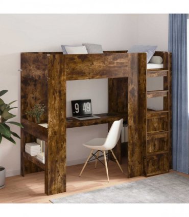 vidaXL Loft Bed Frame with Desk Smoked Oak 90 x 190 cm Engineered Wood