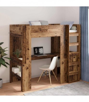 vidaXL Loft Bed Frame with Desk Old Wood 90 x 190 cm Engineered Wood