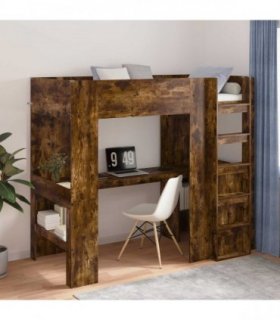 vidaXL Loft Bed Frame with Desk with Shelf Smoked Oak 100 x 200 cm