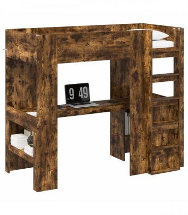 vidaXL Loft Bed Frame with Desk with Shelf Smoked Oak 100 x 200 cm