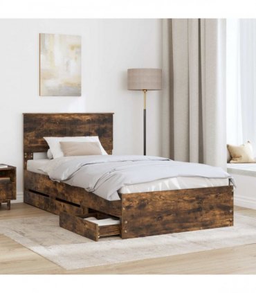 vidaXL Bed Frame with Drawer Smoked Oak 100 x 200 cm Engineer Wood