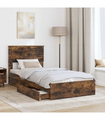 vidaXL Storage Bed with Drawer Smoked Oak 90 x 190 cm Engineered Wood