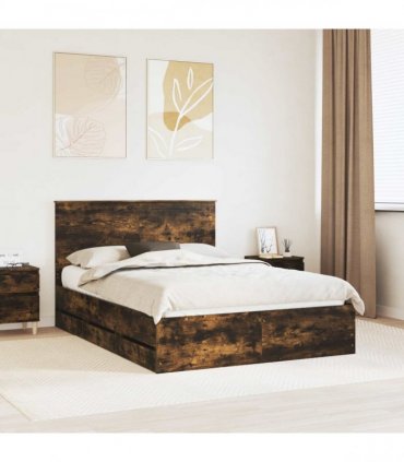 vidaXL Bed Frame with Drawer Smoked Oak 135 x 190 cm Engineer Wood