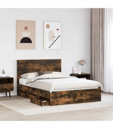 vidaXL Bed Frame with Drawer Smoked Oak 135 x 190 cm Engineer Wood