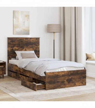 vidaXL Bed Frame with Drawer Smoked Oak 90 x 190 cm Engineer Wood