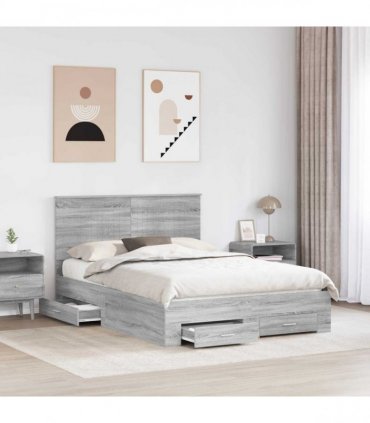 vidaXL Bed Frame with Drawer Grey Sonoma 140 x 190 cm Engineered Wood