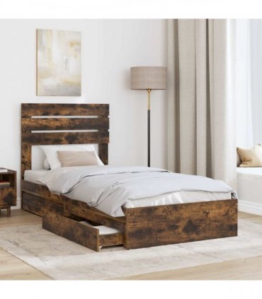 vidaXL Storage Bed with Drawer Smoked Oak 90 x 190 cm Engineered Wood
