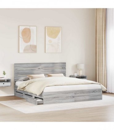 vidaXL Bed Frame with Drawer Grey Sonoma 200 x 200 cm Engineer Wood
