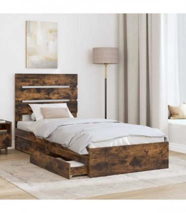 vidaXL Storage Bed with Drawer Smoked Oak 70 x 190 cm Engineered Wood