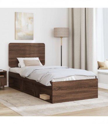 vidaXL Bed Frame with Headboard Brown Oak 90 x 200 cm Solid Pine Wood
