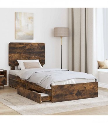 vidaXL Storage Bed with Drawer Smoked Oak 90 x 190 cm Engineered Wood
