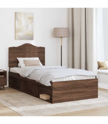 vidaXL Bed Frame with Headboard Brown Oak 100 x 200 cm Solid Pine Wood