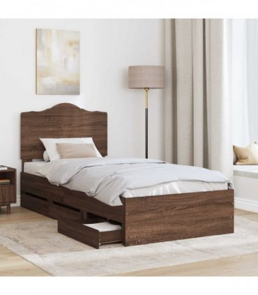 vidaXL Bed Frame with Drawer Brown Oak 75 x 190 cm Engineer Wood