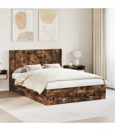vidaXL Bed Frame with Storage and Headboard Smoked Oak Engineered Wood