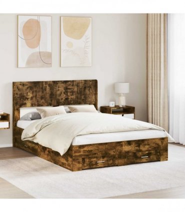 vidaXL Bed Frame with Storage and Headboard Smoked Oak 135 x 190 cm