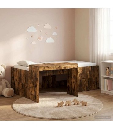 vidaXL Kids'High Bed Frame with Desk Smoked Oak 98.5 x 203 cm