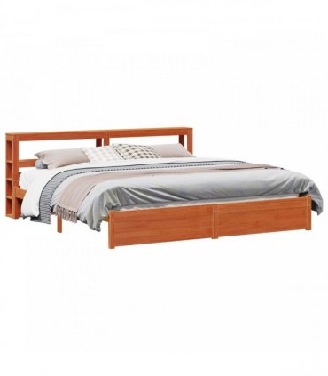 vidaXL Bed Frame with Shelf Wax Brown 180 x 200 cm Solid Pine Wood