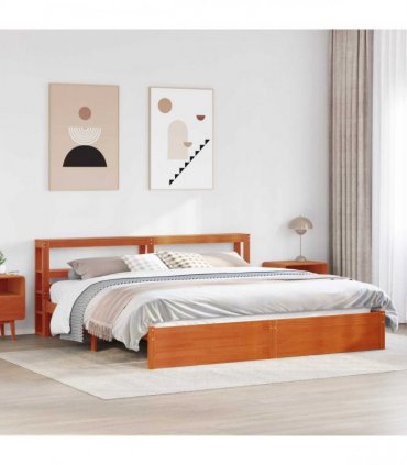 vidaXL Bed Frame with Shelf Wax Brown 200 x 200 cm Solid Pine Wood