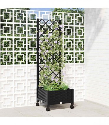 vidaXL Garden Planter with Trellis&Wheels Black 40 x 40 x 131.5 cm PP