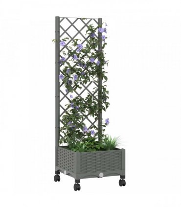 vidaXL Garden Planter with Trellis&Wheels Light Grey PP