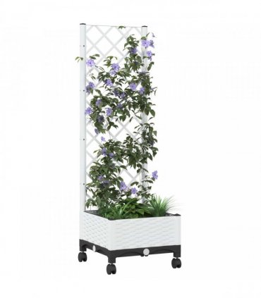 vidaXL Garden Planter with Trellis&Wheels White 40 x 40 x 131.5 cm PP