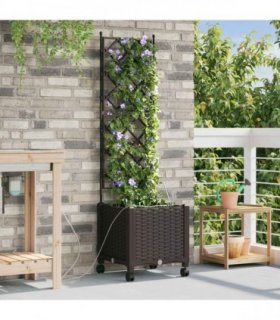 vidaXL Garden Planter with Irrigation&Wheels Brown 40 x 40 x 148 cm PP