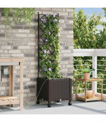 vidaXL Garden Planter with Irrigation&Wheels Brown 40 x 40 x 148 cm PP