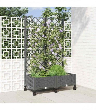 vidaXL Garden Planter with Trellis&Wheels Light Grey PP