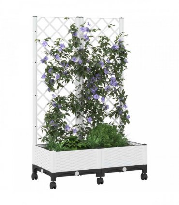 vidaXL Garden Planter with Trellis&Wheels White 80 x 40 x 131.5 cm PP