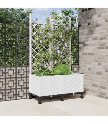 vidaXL Garden Planter with Trellis&Wheels White 80 x 40 x 146 cm PP