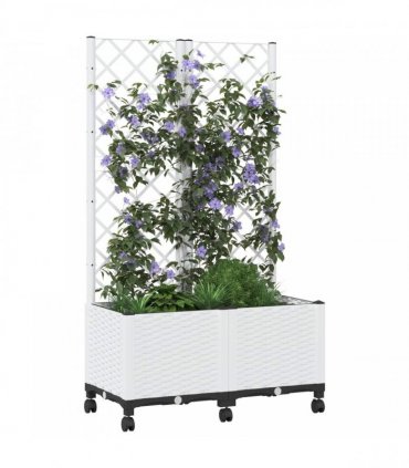 vidaXL Garden Planter with Trellis&Wheels White 80 x 40 x 146 cm PP