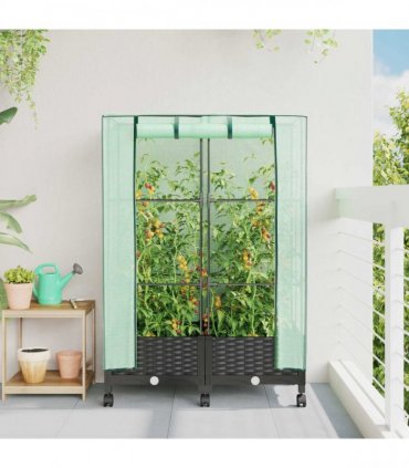 vidaXL Garden Planter with Greenhouse Cover&Wheels 2 pcs Black PP