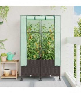vidaXL Garden Planter with Greenhouse Cover&Wheels 2 pcs Brown PP