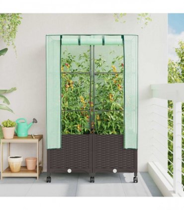 vidaXL Garden Planter with Greenhouse Cover&Wheels 2 pcs Brown PP