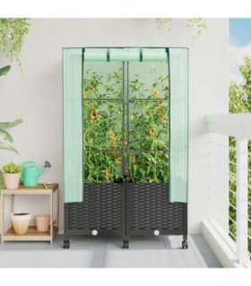 vidaXL Garden Planter with Greenhouse Cover&Wheels 2 pcs Black PP