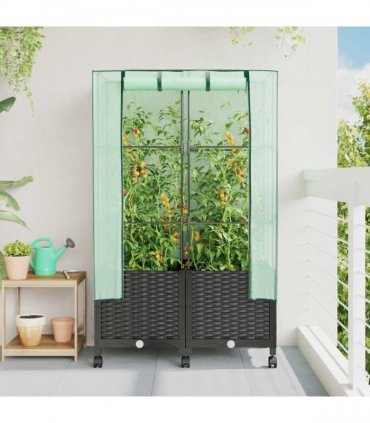 vidaXL Garden Planter with Greenhouse Cover&Wheels 2 pcs Black PP