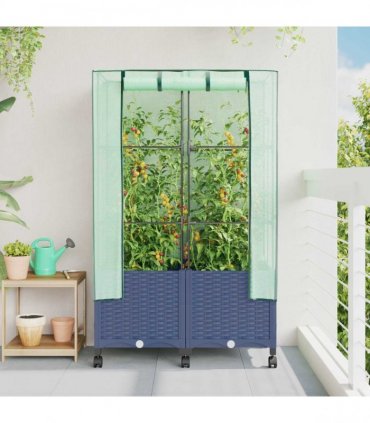 vidaXL Garden Planter with Greenhouse Cover&Wheels 2 pcs Blue Grey PP